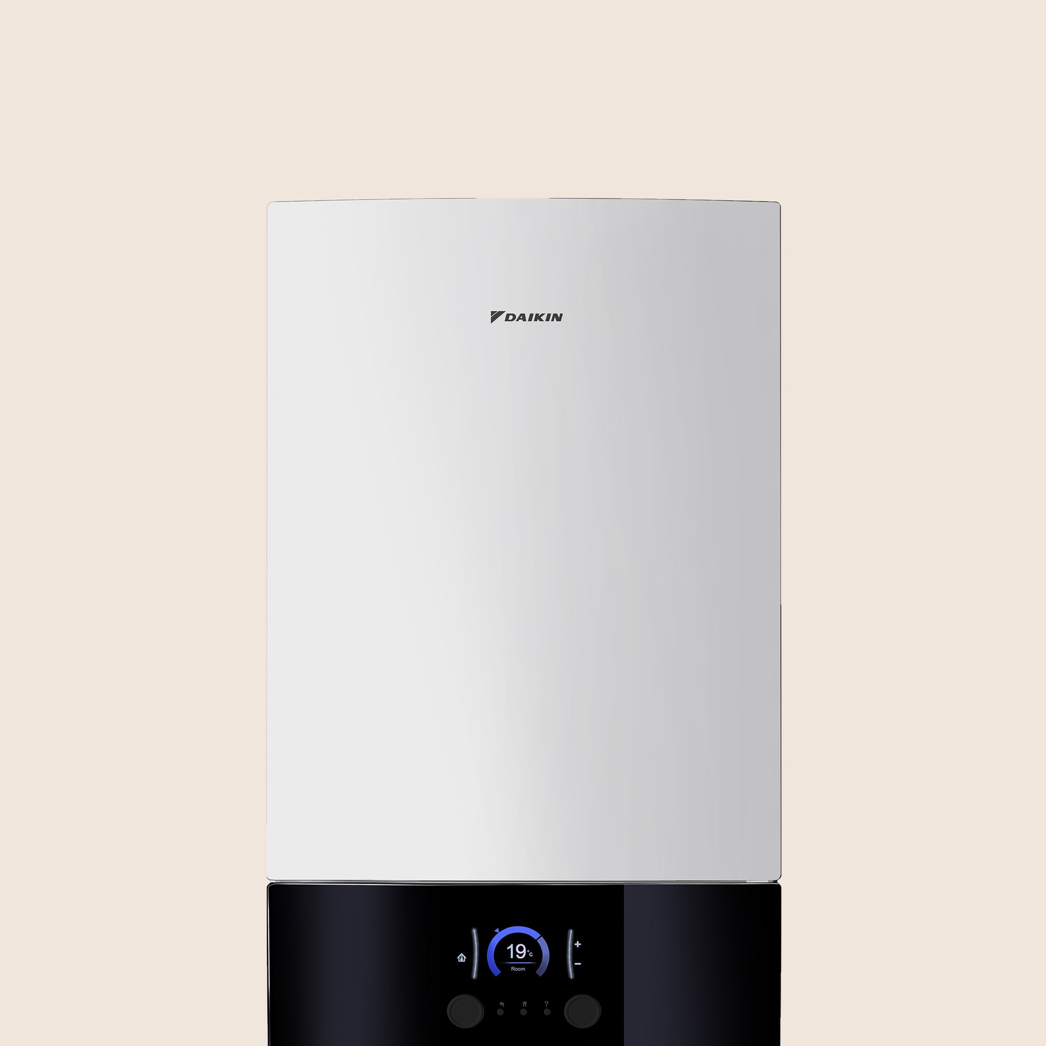 Inomhusenheten av Daikin Altherma 3 R MT W sedd framifrån, en luft-till-vatten, värmepump för medeltemperatur.