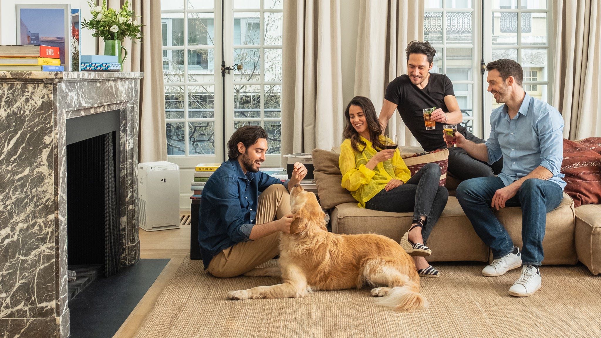 Luftrenare som minskar djurmjäll i vardagsrummet med hund