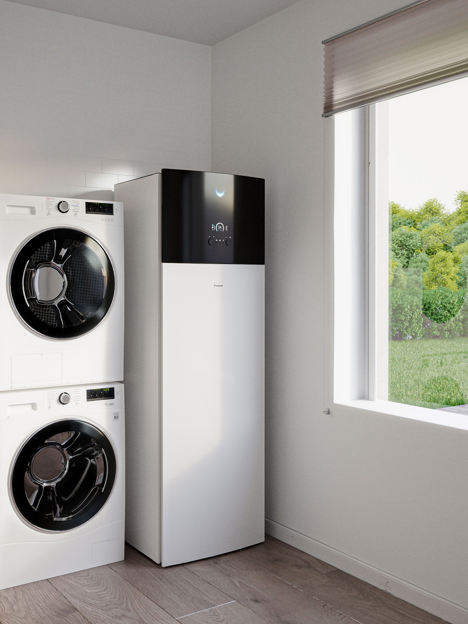 Daikin Altherma GEO bergvärmepump installerad i en tvättstuga