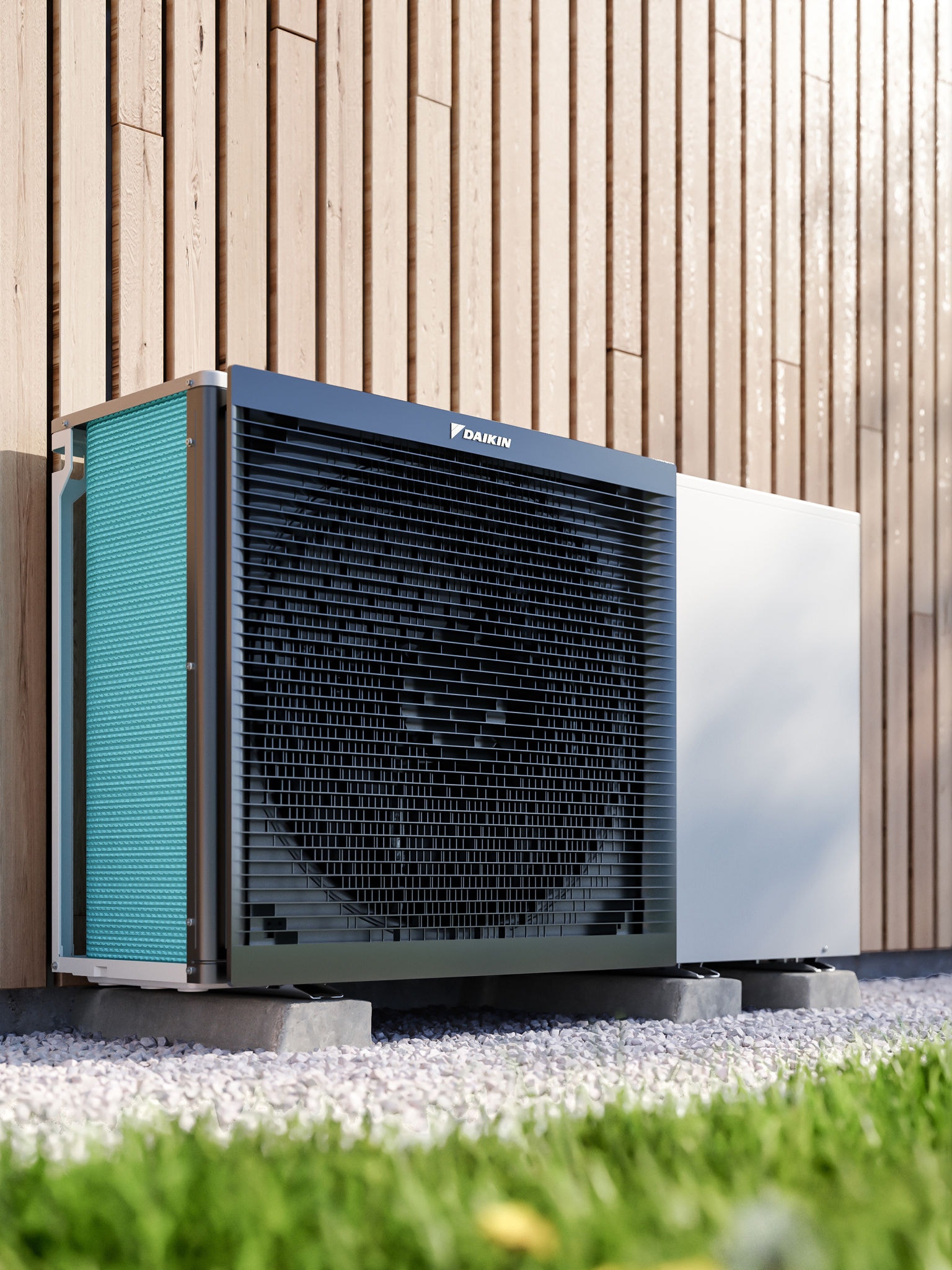 Daikin Altherma utomhus placerad i en trädgård
