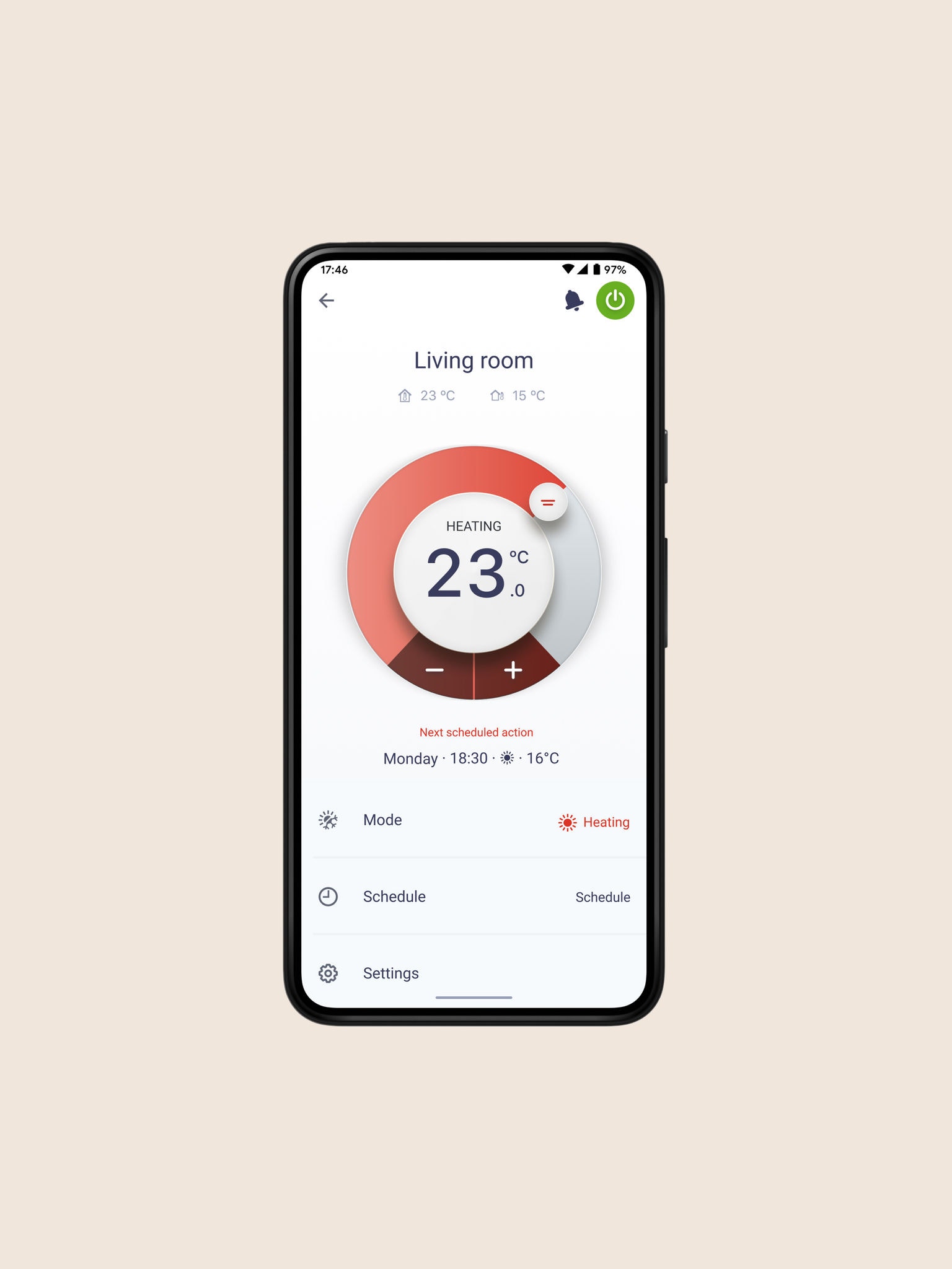 En smartphone sedd framifrån med Daikin Onecta-appen öppen