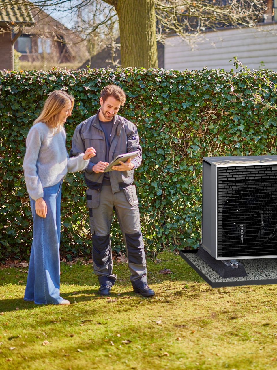 Installatör som förklarar värmepumpens styrsystem för en husägare efter installation i trädgården