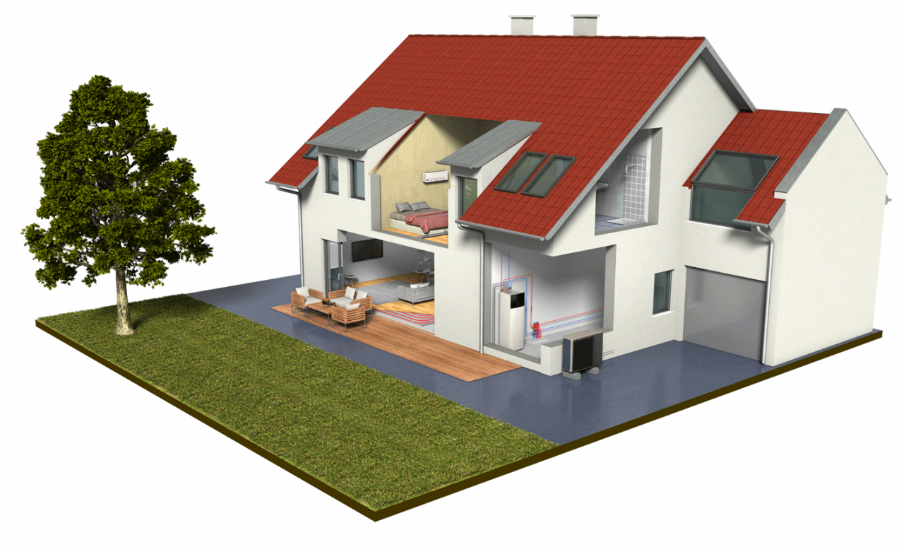 En illustrerad titt inuti ett hus med tre Daikin inomhusenheter och en utomhusenhet installerad